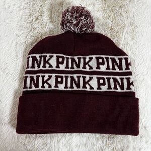 Victoria’s Secret PINK Pom Pom Beanie Burgundy Knit Winter Hat